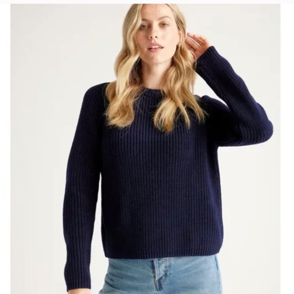 QUINCE Organic Cotton Fisherman Sweater Chunky Rib-Knit Pullover Navy Medium